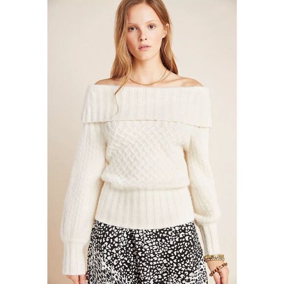 Anthropologie Ivory Off the Shoulder Margo Puff Sleeve Sweater SMALL - Picture 1 of 5